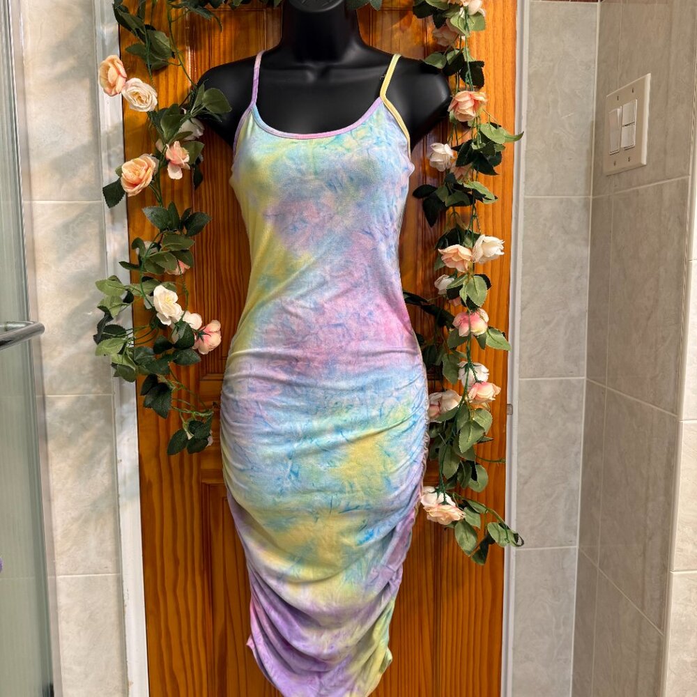 Madrag- Pastel Tie-Dye Ruched Bodycon Midi Dress- S - Picture 3 of 6